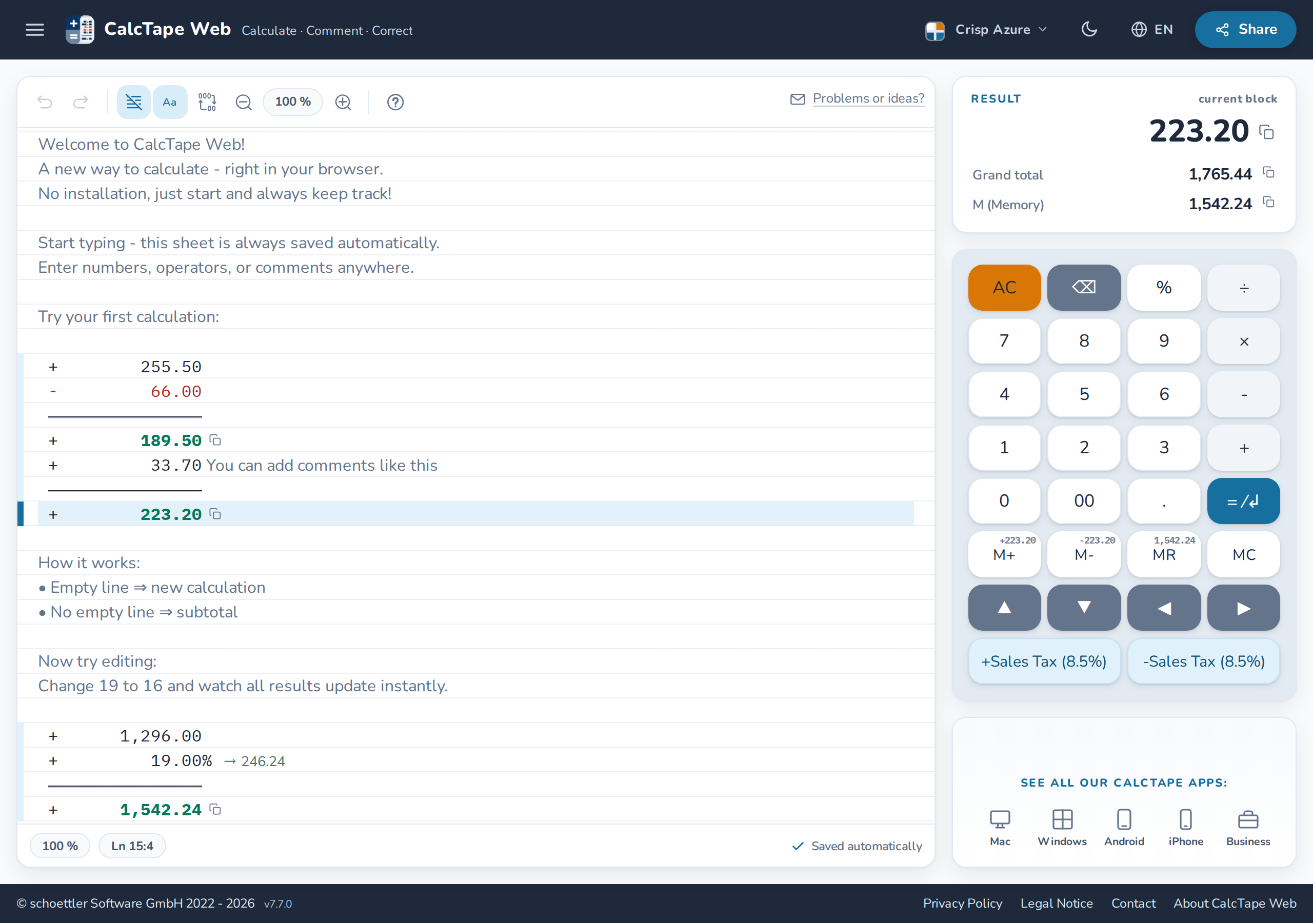 CalcTape Web in your browser
