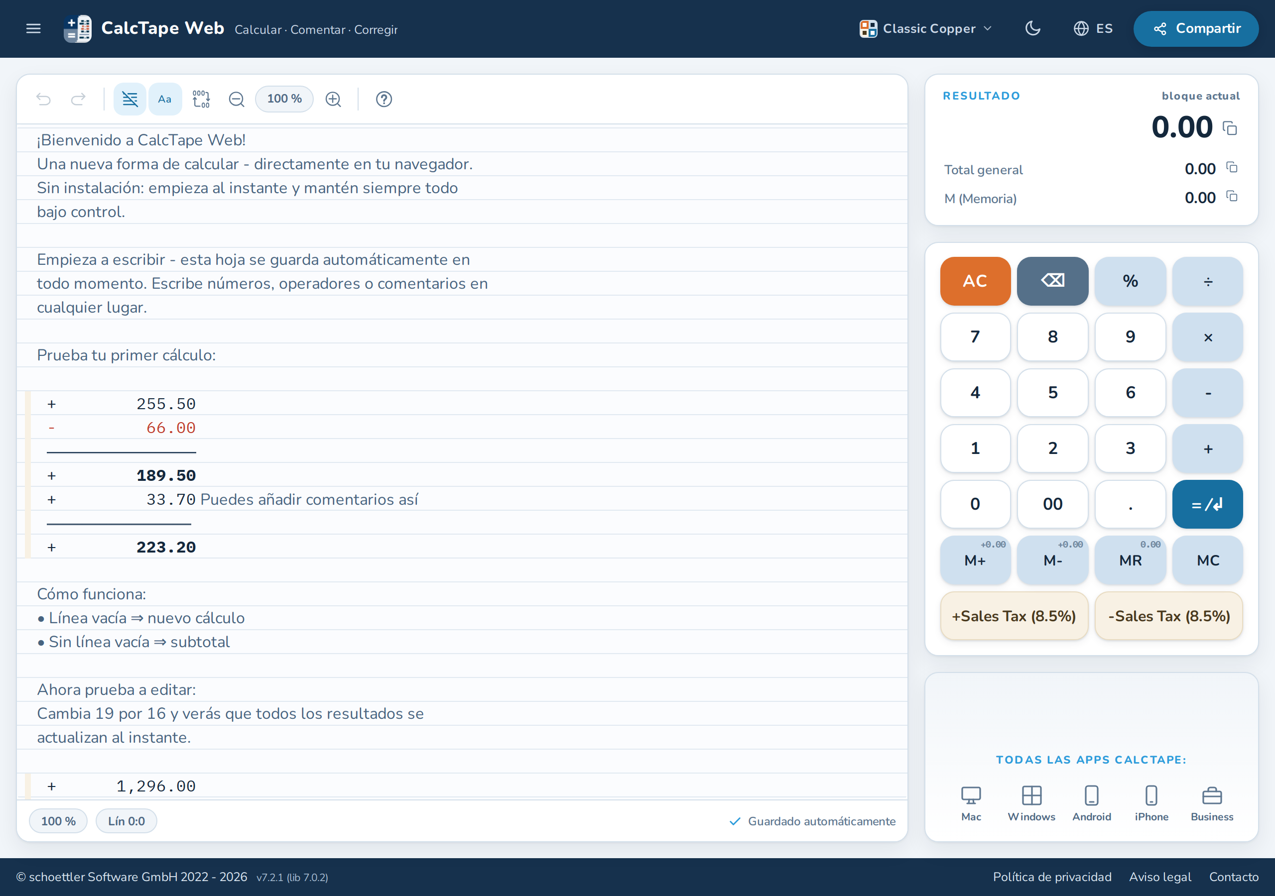 CalcTape Web en su navegador