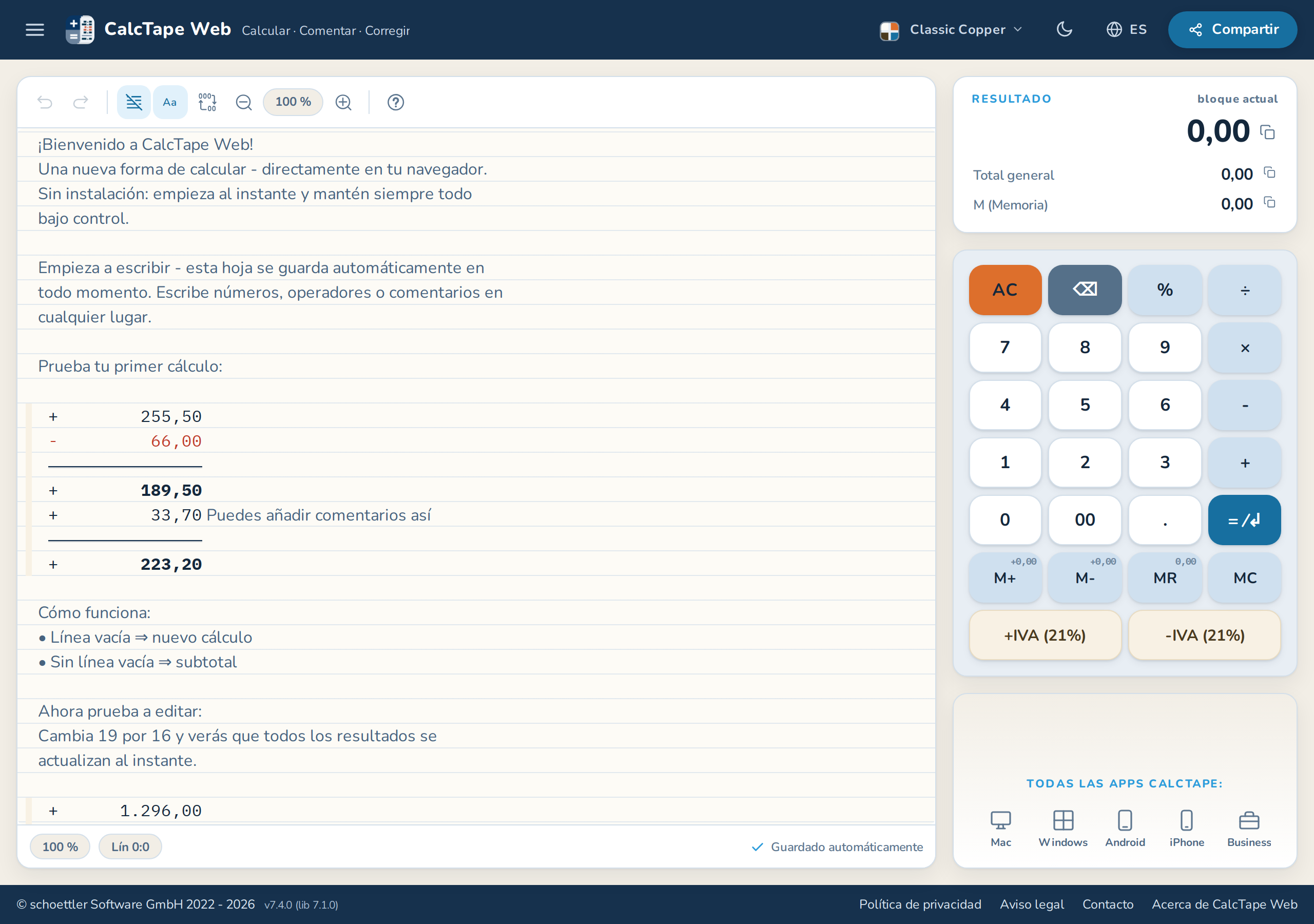 CalcTape Web en su navegador