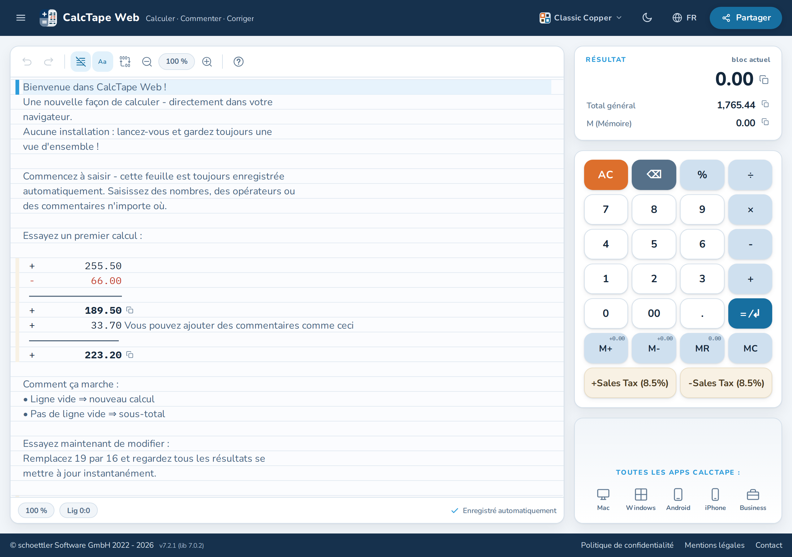CalcTape Web dans votre navigateur