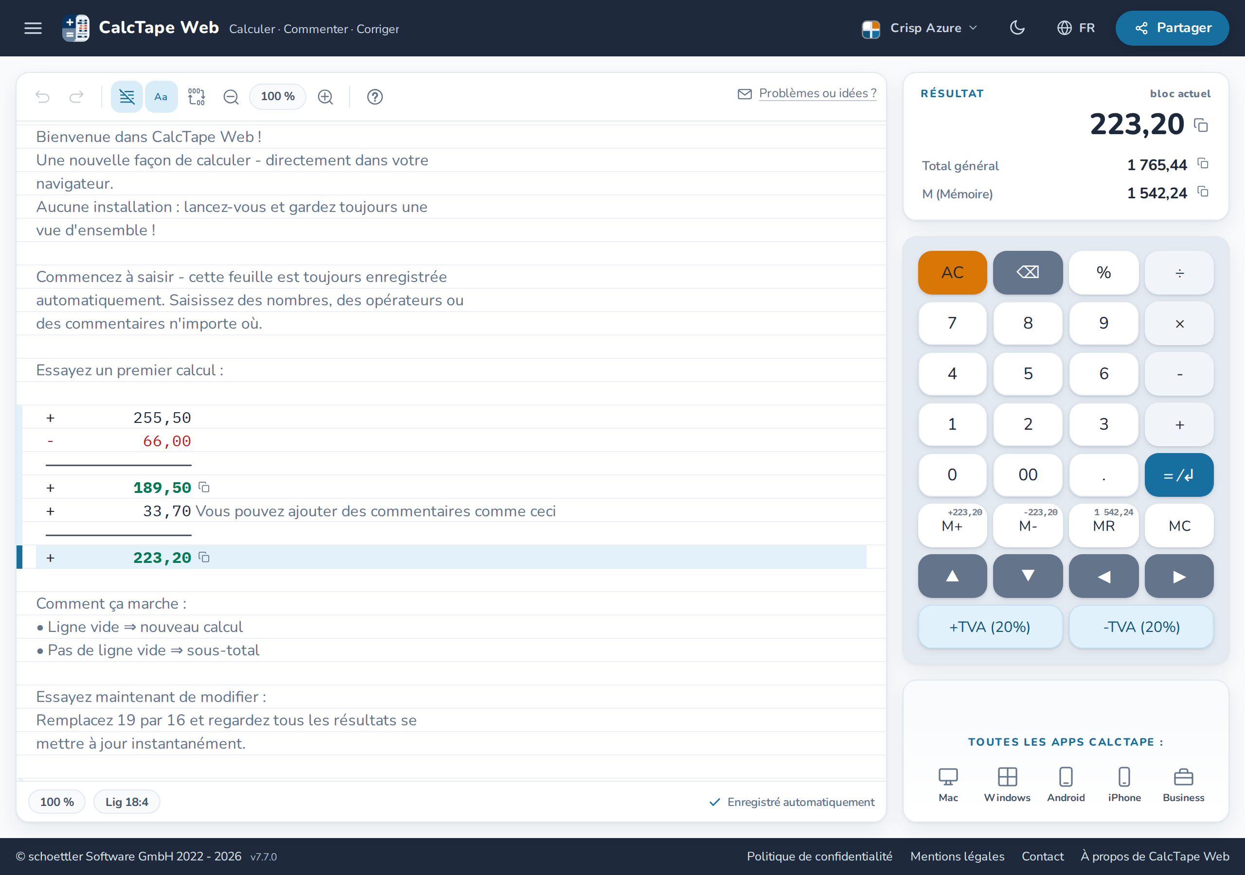 CalcTape Web dans votre navigateur