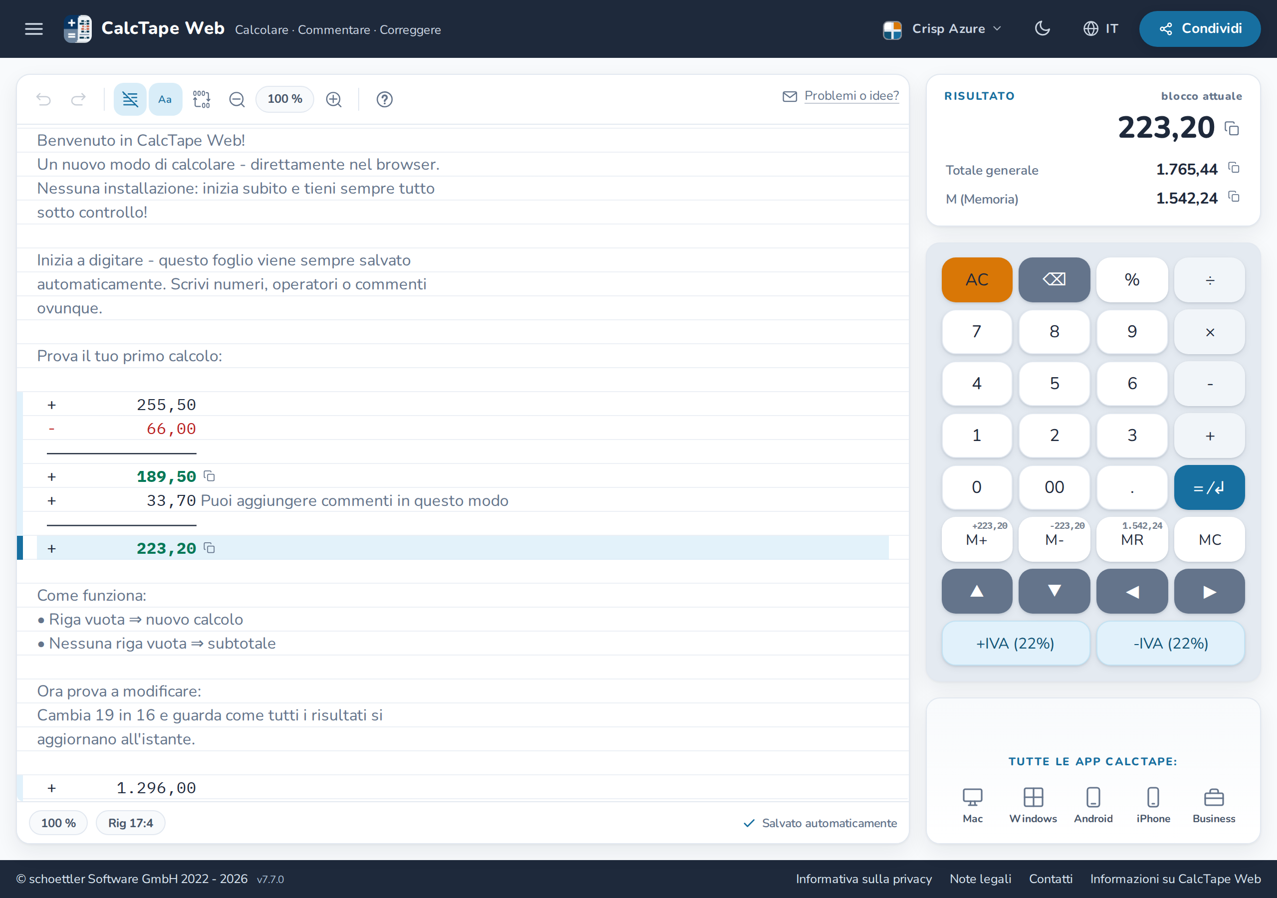 CalcTape Web nel tuo browser